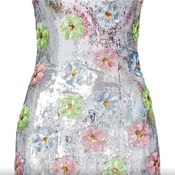 Brandon Maxwell Esme Sequin Strapless Dress with Floral Accents - Picture 3 of 8